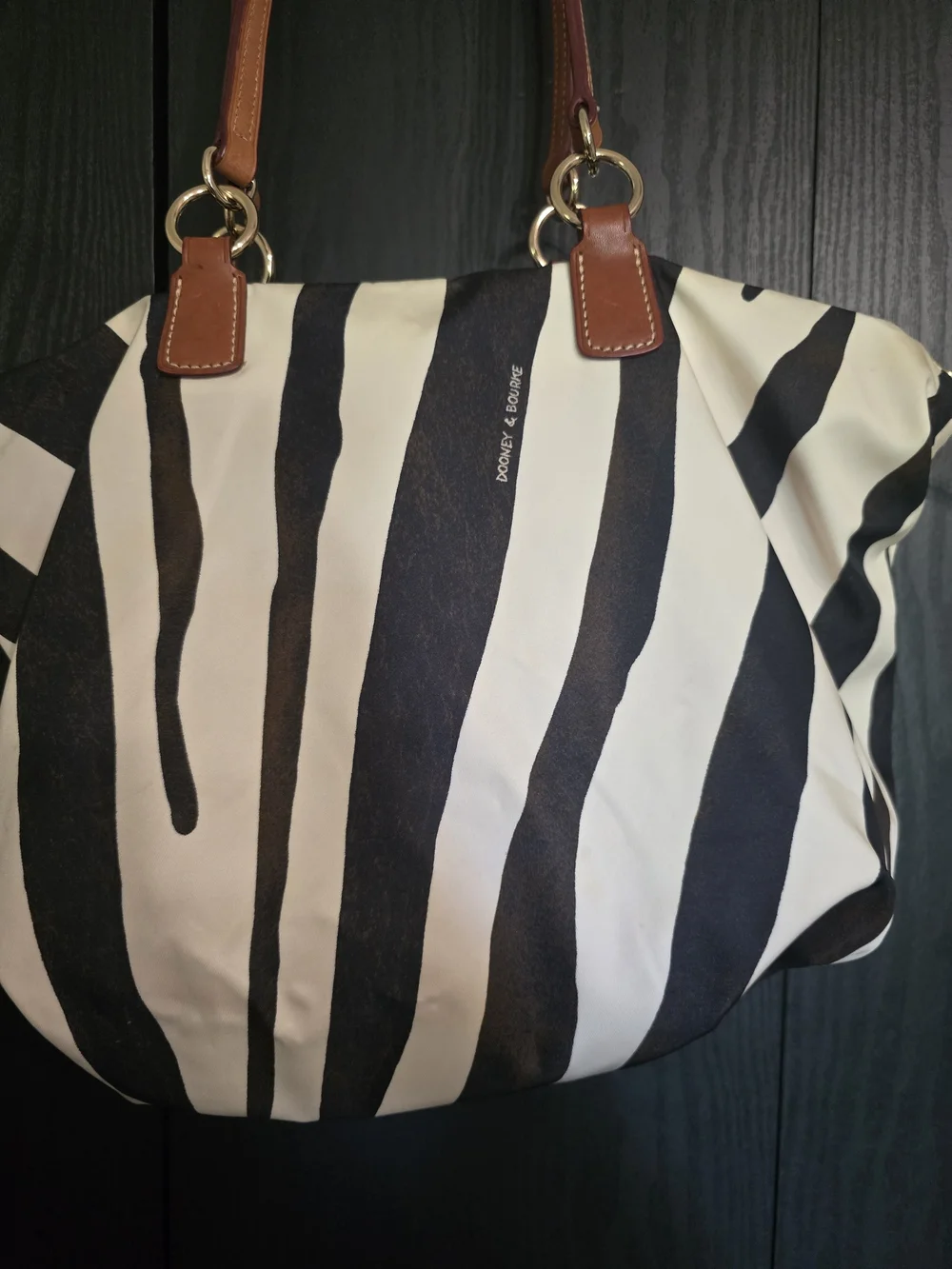 Dooney & Bourke Black and White Zebra Stripe Tote with Brown Leather Handles